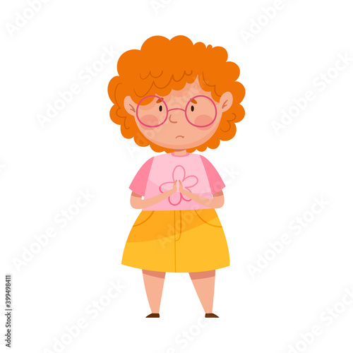 Embarrassed Girl Putting Her Hands Together Feeling Sorry and Expressing Regret Vector Illustration