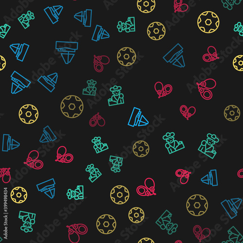 Set line Yacht sailboat, Bullfight, matador, Football ball and Castanets on seamless pattern. Vector.