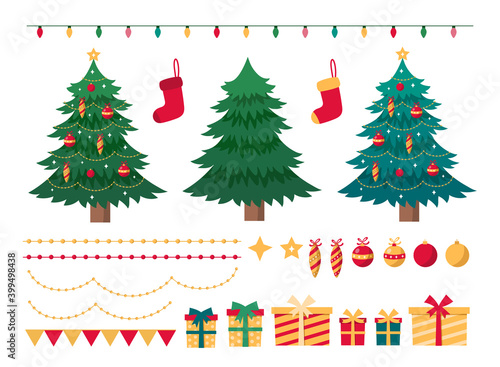 Set of Christmas elements for festive design. Christmas trees,  gift boxes, balls, sock, garlands, isolated on white background.  Vector