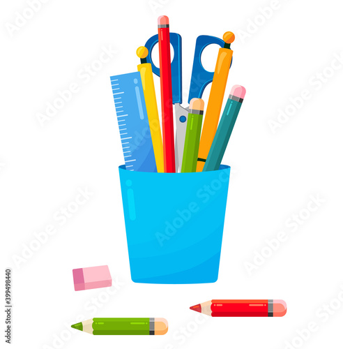 School or office Cup for pens and pencils. Bright flat illustration on a white background. Pens, scissors, pencils, and rulers. stationery holder symbol design. colored collection.