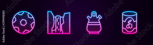 Set line Football ball, Algar waterfall, Sangria pitcher and Olives in can. Glowing neon icon. Vector.