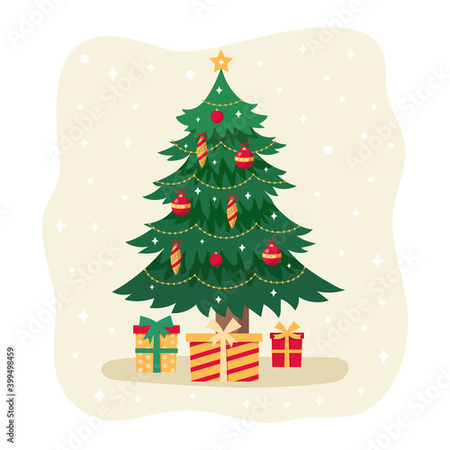 Christmas tree with gift boxes. Christmas card. Vector