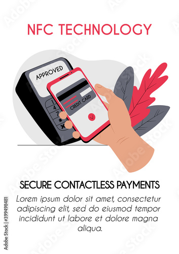Vertical poster brochure flyer contactless payment with a smartphone nfc technology. Human hand with a mobile phone and a terminal for paying by credit card. Stock vector flat concept illustration.