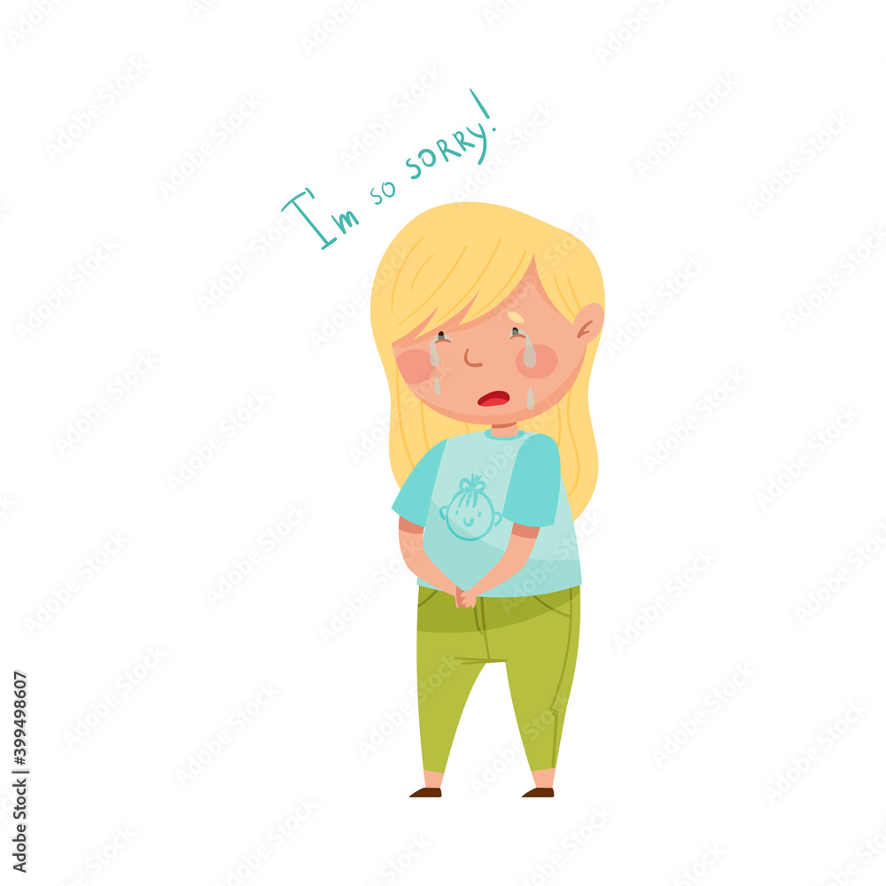 Little Girl with Blonde Hair Crying Feeling Sorry and Expressing Regret for Bad Thing Vector Illustration Little Girl with Blonde Hair Crying Feeling Sorry and Expressing Regret for Bad Thing Vector Illustration