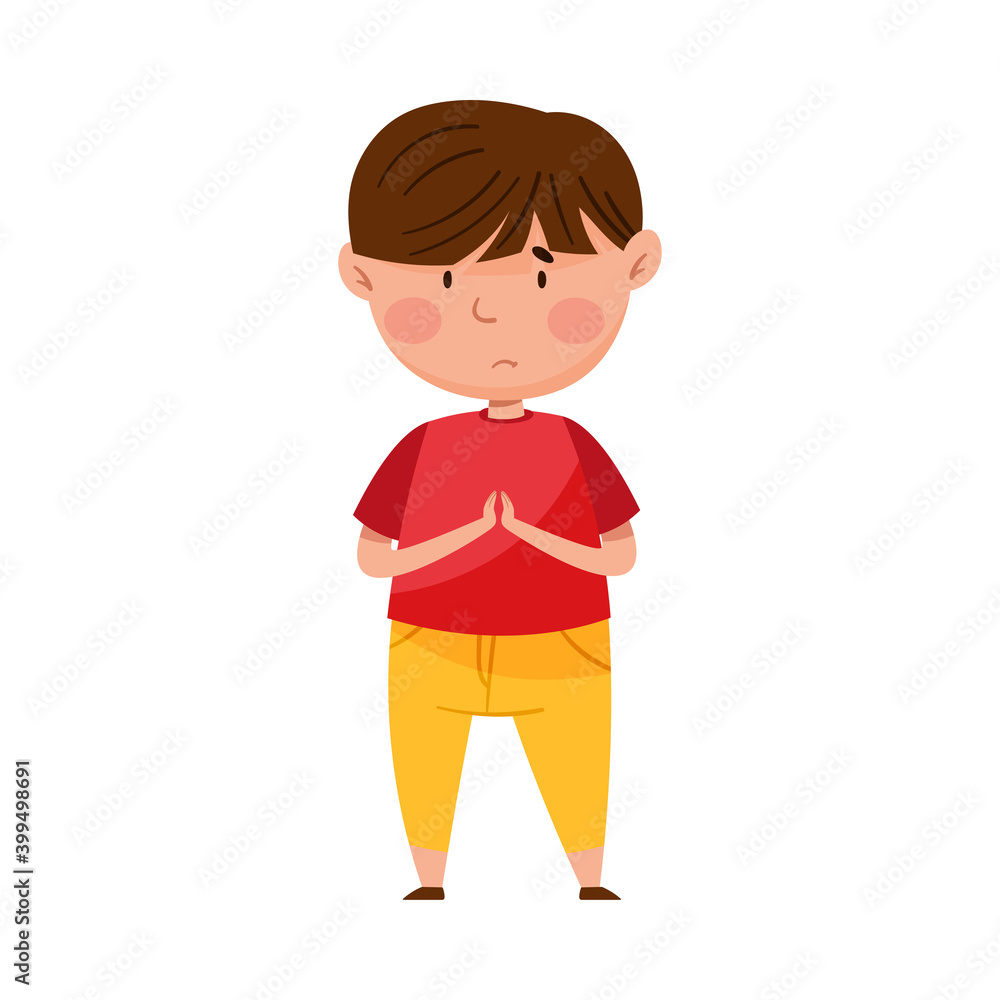 Confused Little Boy Putting His Hands Together Feeling Sorry and Expressing Regret Vector Illustration Confused Little Boy Putting His Hands Together Feeling Sorry and Expressing Regret Vector Illustration