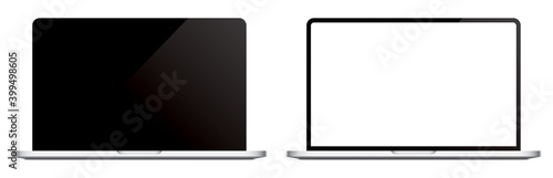 Modern laptop vector mockup, with a black, and white blank screen, isolated on background. Realistic notebook vector template.