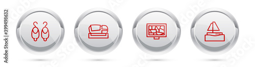 Set line Earrings, Stadium Mestalla, Picture art and Yacht sailboat. Silver circle button. Vector.