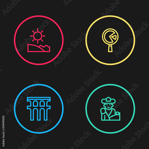 Set line Aqueduct of Segovia, Bullfight, matador, Omelette in frying pan and Beach icon. Vector.