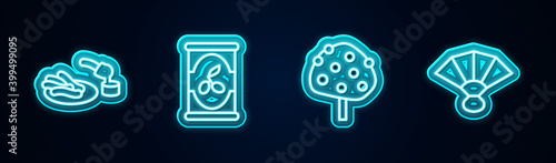 Set line Churros and chocolate, Olives in can, Orange tree and Fan flamenco. Glowing neon icon. Vector.