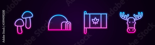 Set line Mushroom, Igloo ice house, Flag of Canada and Moose head with horns. Glowing neon icon. Vector.