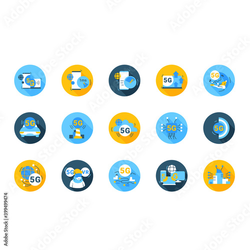 5g flat icons set. Broadband internet of things signs. Digital web connection and 5th generation of internet technology concept. Smart city and cloud computing.Color vector illustrations with shadow 