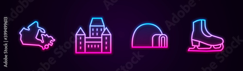 Set line Canada map, Chateau Frontenac hotel, Igloo ice house and Skates. Glowing neon icon. Vector.