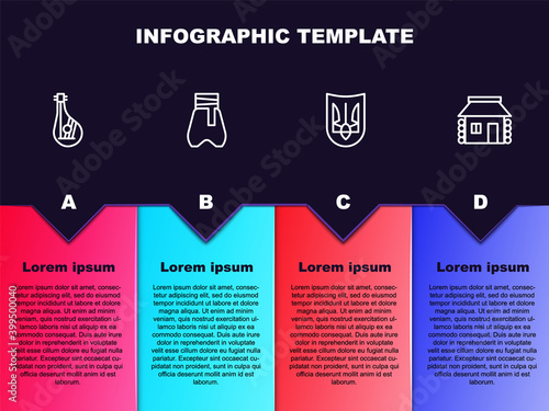 Set line Bandura, Cossack pants, Ukrainian trident and house. Business infographic template. Vector.