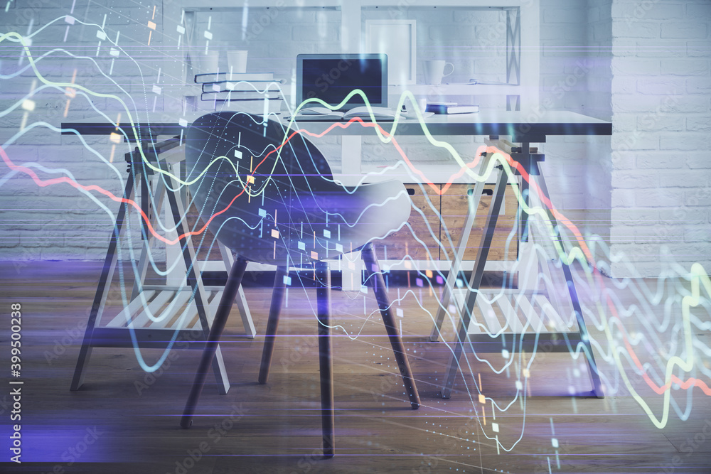 Multi exposure of financial graph drawing and office interior background. Concept of market analysis. Multi exposure of financial graph drawing and office interior background. Concept of market analysis.