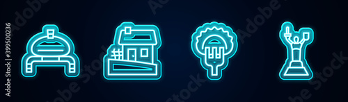 Set line Bread and salt, Ukrainian house, Dumplings on fork and Mother Motherland monument. Glowing neon icon. Vector.