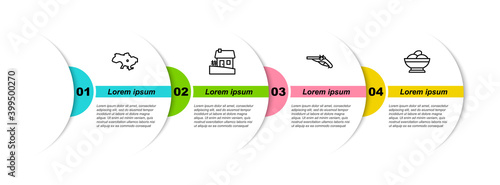 Set line Map of Ukraine, Ukrainian house, Vintage pistols and Varenyky bowl. Business infographic template. Vector.