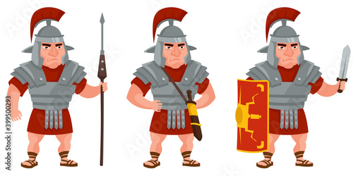 Roman warrior in different poses. Male character in cartoon style.