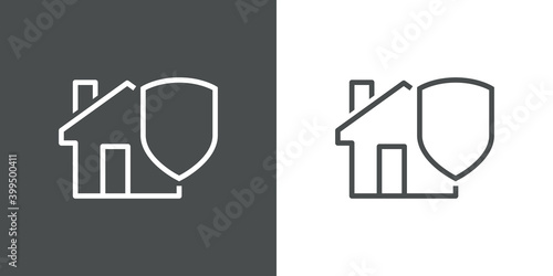 Símbolo seguro del hogar. Logotipo casa con escudo con lineas en fondo gris y fondo blanco