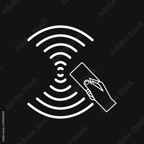 Contactless payment credit card and hand tap vector logo. NFC contactless pay wave and pay pass POS terminal line icon. Eps10 vector illustration.