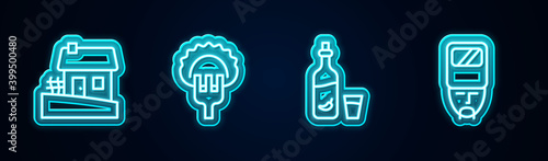 Set line Ukrainian house, Dumplings on fork, Vodka with pepper and glass and cossack. Glowing neon icon. Vector.