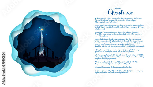 card or banner on merry christmas in green represented by a nativity scene with animals, the wise men on a blue green background and next to the text of the nativity all on a white background