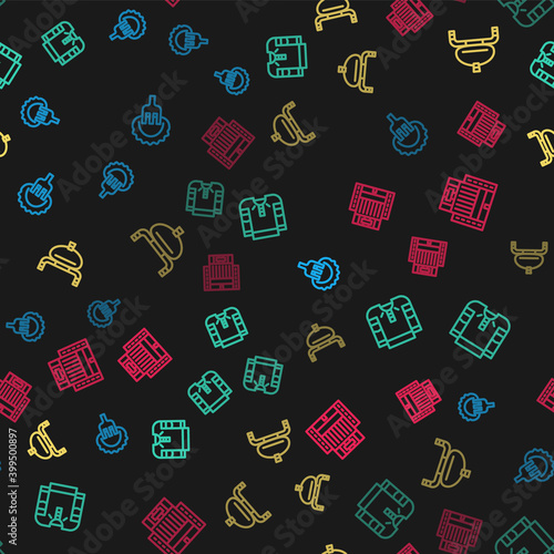 Set line Dumplings on fork, Embroidered shirt, Bread and salt and Hotel Ukraina building on seamless pattern. Vector.