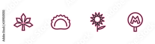 Set line Chestnut leaf, Sunflower, Dumplings and Metro or Underground icon. Vector.