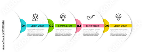 Set line Ukrainian woman, Metro or Underground, Smoking pipe and Dumplings on fork. Business infographic template. Vector.