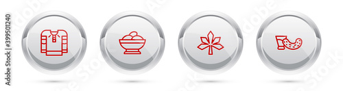Set line Embroidered shirt, Varenyky in a bowl, Chestnut leaf and Glass with vodka. Silver circle button. Vector.