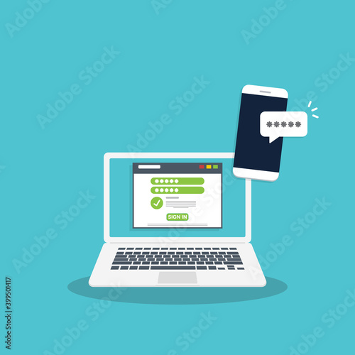 Successful web browser Login page on Laptop Screen with password form and smartphone password confirmation . Security, personal access, user authorization.