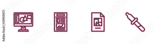 Set line Computer monitor screen, File document, News and Pipette icon. Vector.
