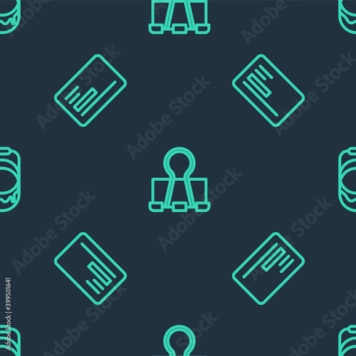 Set line Binder clip, Business card and Paint bucket on seamless pattern. Vector.
