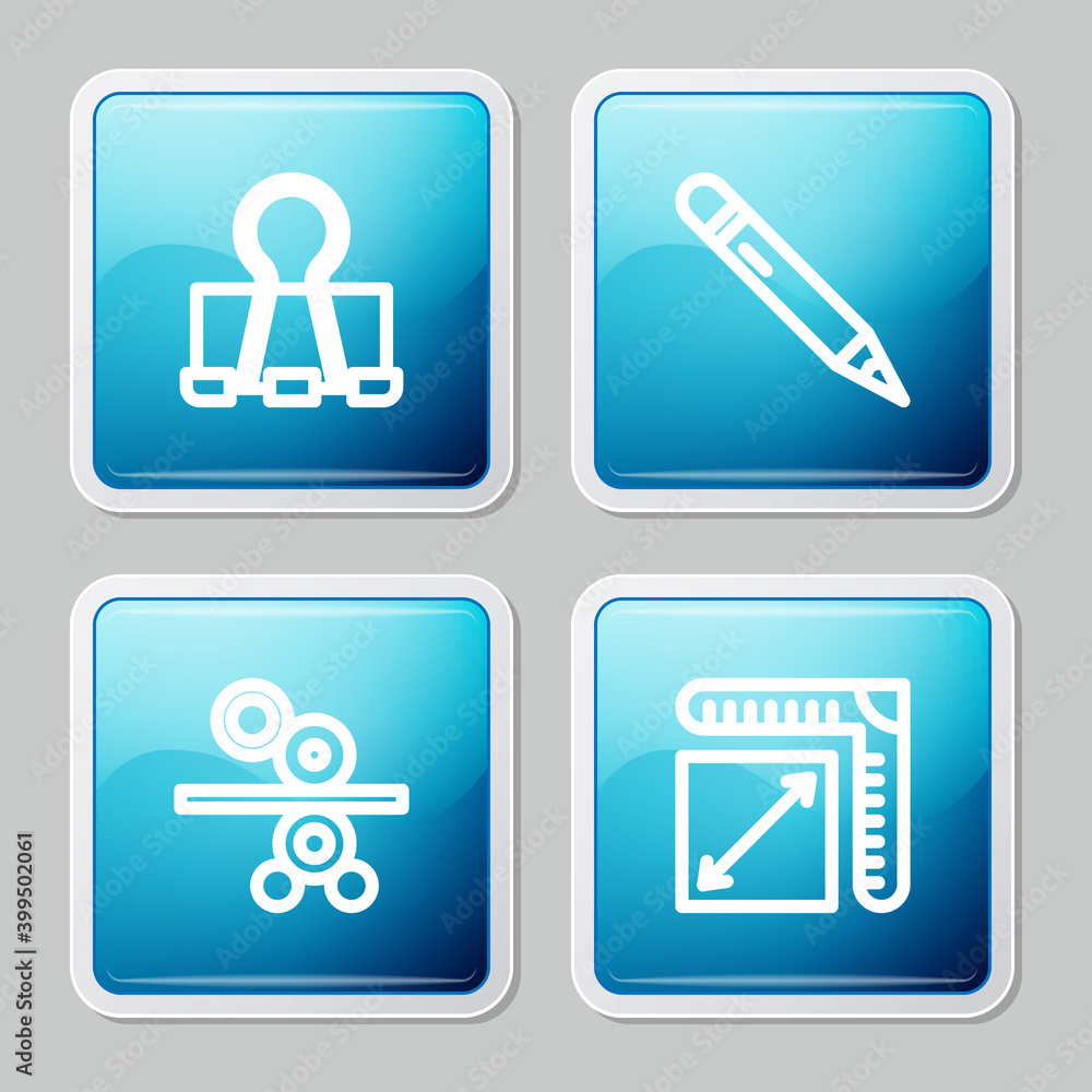 Set line Binder clip, Pencil with eraser, Paper roll of printing press and size icon. Vector. Set line Binder clip, Pencil with eraser, Paper roll of printing press and size icon. Vector.