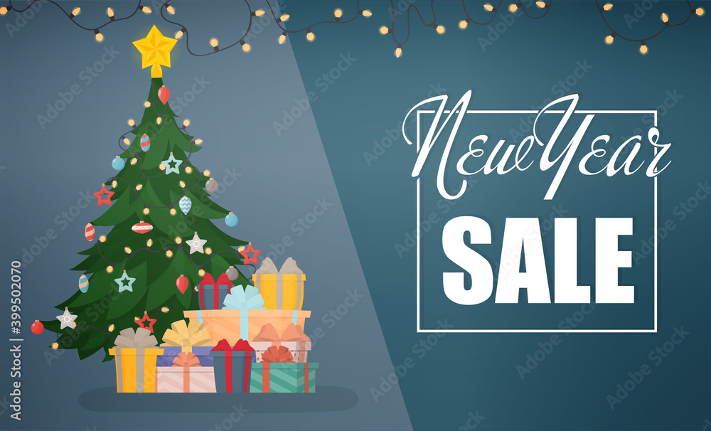 New Years sale blue banner. Heap of large colorful wrapped gift boxes with ribbon bows lying under the tree. Baner for New Year's sales and discounts.