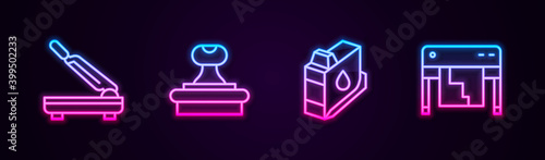 Set line Paper cutter, Stamp, Printer ink cartridge and Plotter. Glowing neon icon. Vector.