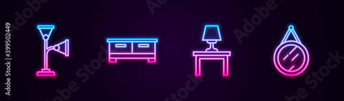 Set line Floor lamp, Chest of drawers, Table on table and Mirror. Glowing neon icon. Vector.