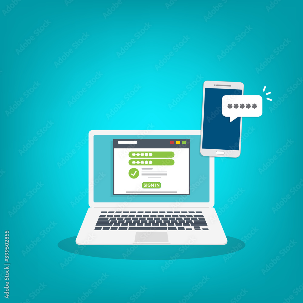 Successful web browser Login page on Laptop Screen with password form and smartphone password confirmation . Security, personal access, user authorization. Successful web browser Login page on Laptop Screen with password form and smartphone password confirmation . Security, personal access, user authorization.