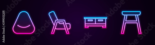 Set line Pouf, Armchair, Chest of drawers and Chair. Glowing neon icon. Vector.