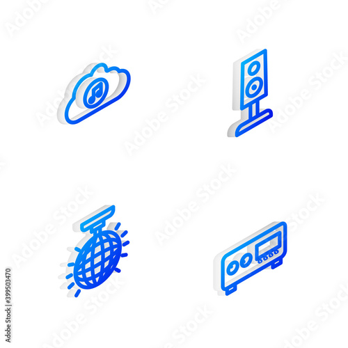 Set Isometric line Stereo speaker, Music streaming service, Disco ball and Guitar amplifier icon. Vector.