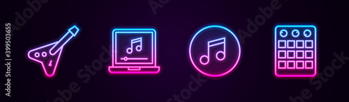 Set line Electric bass guitar, Laptop with music note, Music note, tone and Drum machine. Glowing neon icon. Vector.