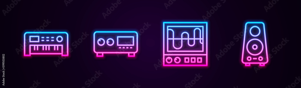 Set line Music synthesizer, Guitar amplifier, Oscilloscope and Stereo speaker. Glowing neon icon. Vector. Set line Music synthesizer, Guitar amplifier, Oscilloscope and Stereo speaker. Glowing neon icon. Vector.