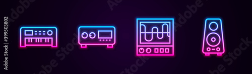Set line Music synthesizer, Guitar amplifier, Oscilloscope and Stereo speaker. Glowing neon icon. Vector.