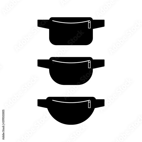 Black waist bag set. Fanny pack for man and woman. Vector illustration
