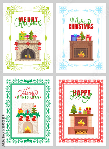 Merry Christmas  Happy Holidays greeting card with colorful frame. Fireplace decorated with gift boxes  fir-tree  Santa socks and festive toys vector