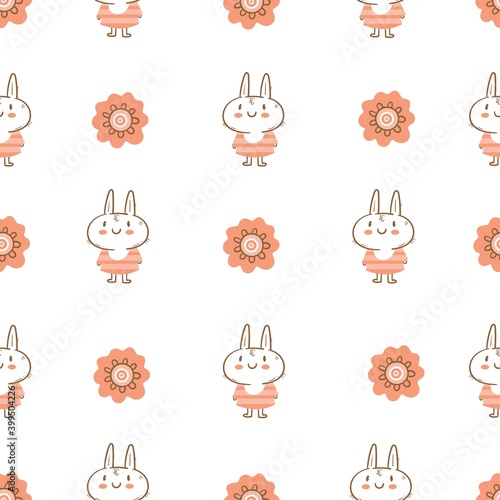 Seamless pattern with cute cartoon bunny in dress on white background. Wallpaper with cheerful rabbitin in clothes. Funny hare print. Anthropomorphic character for baby shower.