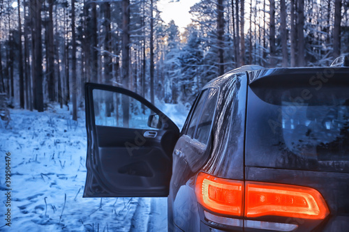 SUV forest winter, car on a forest road, landscape seasonal snow forest view