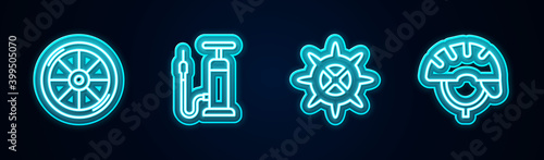 Set line Bicycle wheel, air pump, sprocket crank and helmet. Glowing neon icon. Vector.