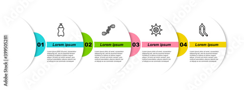 Set line Sport bottle with water, Bicycle pedals, sprocket crank and fork. Business infographic template. Vector.