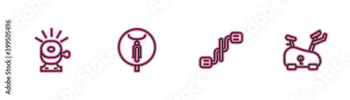 Set line Bicycle bell, pedals, and Stationary bicycle icon. Vector.