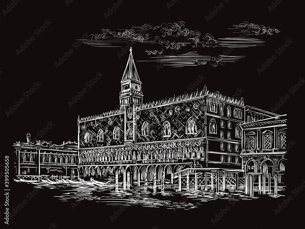 Venice hand drawing vector illustration Doges Palace black